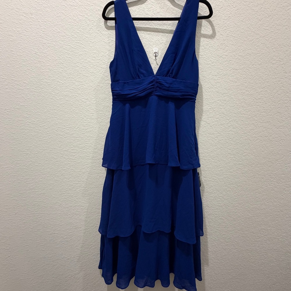 Lulus Royal Blue Tiered Midi Dress V-Neck Sleeveless Chiffon Cocktail Size L